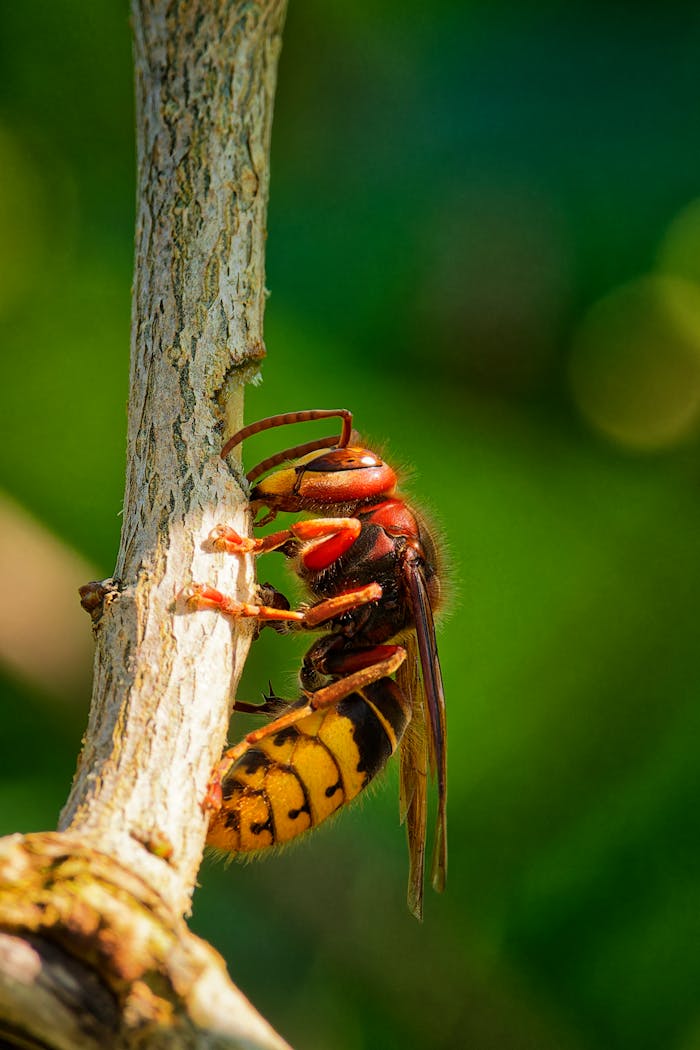 creative Detailed image of a European hornet clinging to a branch in a natural outdoor setting.